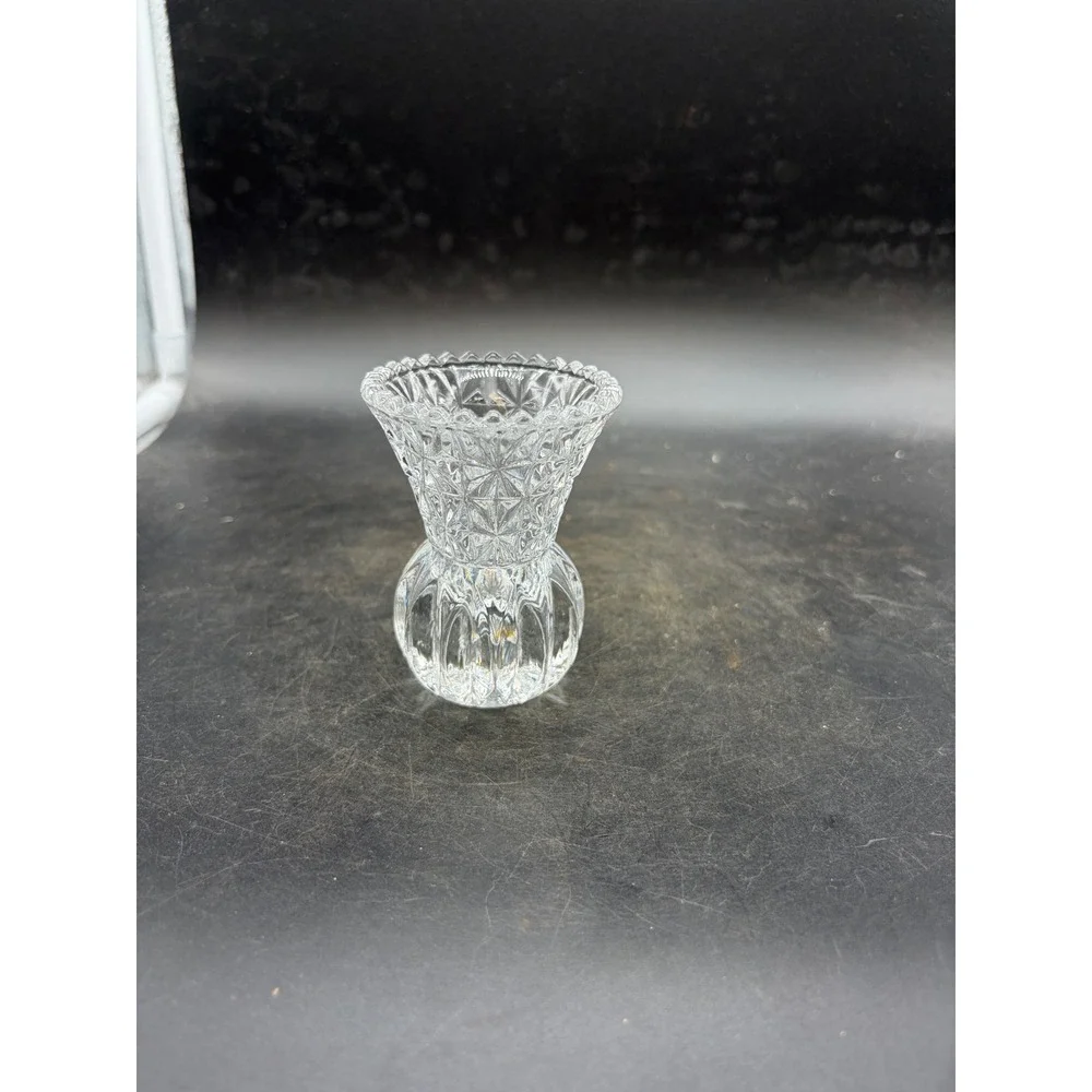 Vintage Cut Glass Bud Vase Clear Crystal Diamond Pattern Scalloped Rim 3.25in